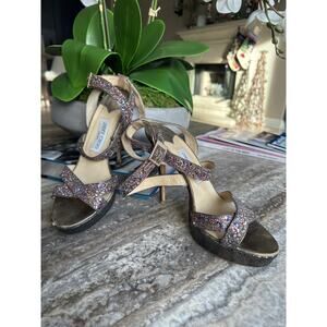 Jimmy Choo Glitter Multi Vamp Platform Strappy Sandals Women’s Size 41